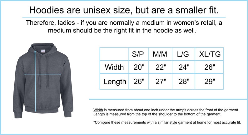 May include: A gray unisex hoodie with a size chart. The chart shows width measurements from 20 inches to 26 inches and length measurements from 26 inches to 29 inches. Text states the hoodies are a smaller fit.
