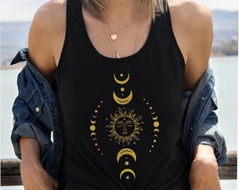 Celestial Witchy Gifts for Women | Sun and Moon Phase Tank Top | Boho Mystic Spiritual Soft Racerback