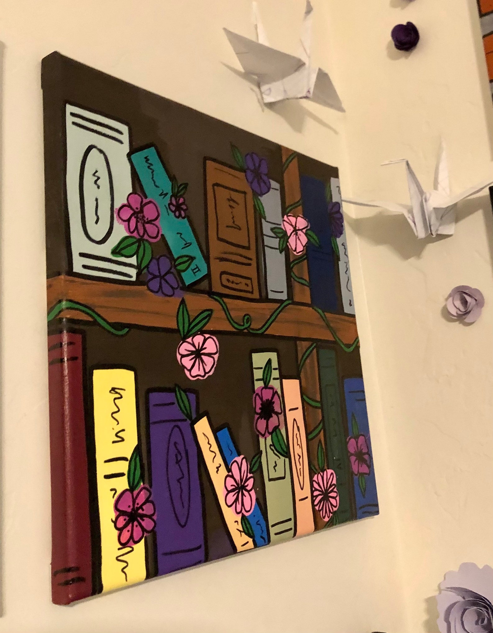 Flower and Book shelf painting canvas Etsy
