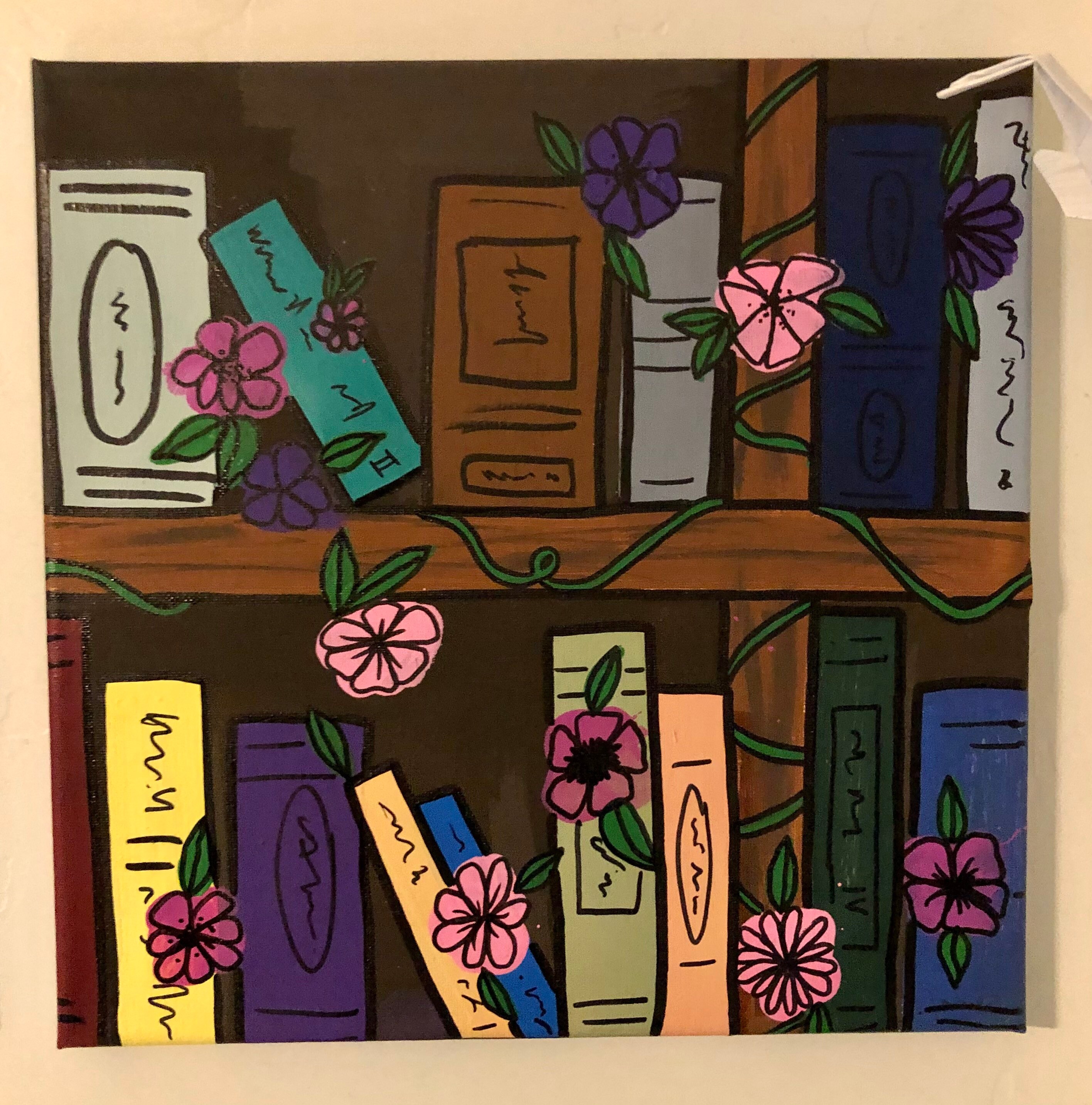 Flower and Book shelf painting canvas Etsy