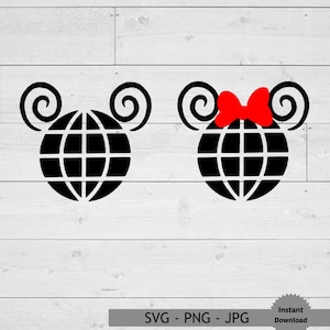 Op de afbeelding: Twee zwart-witte silhouetbeelden van Mickey Mouse oren met een wereldbol erin. Een afbeelding heeft een rode strik bovenop de oren.