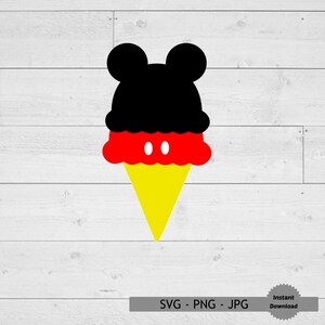 May include: A black and red ice cream cone with Mickey Mouse ears and a yellow cone. The ice cream is shaped like Mickey Mouse's head with two black ears and two red circles for eyes.