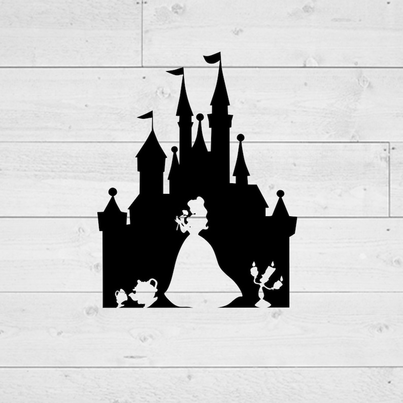May include: Black silhouette of a castle with multiple turrets, flags, and a princess holding a rose. Teapot, teacup, and candelabra silhouettes are also included. The image is set against a white wood-grain background.