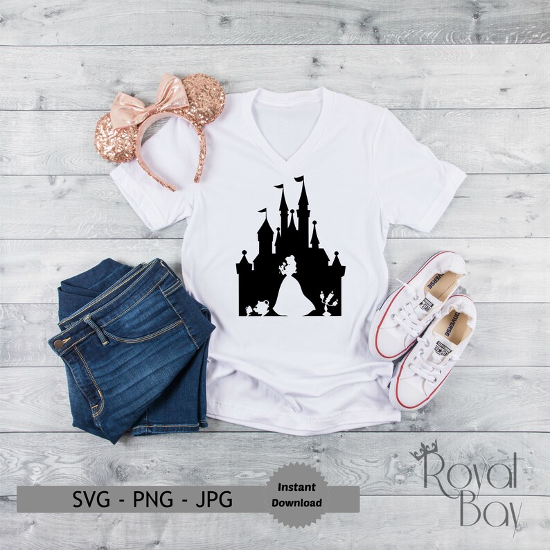 May include: White V-neck t-shirt with a black silhouette of a castle and a princess. The shirt is paired with blue jeans, white sneakers, and a rose gold sequined Minnie Mouse ear headband. The image includes the text "SVG - PNG - JPG" and "Instant Download".