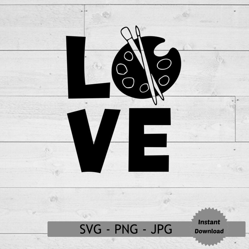 May include: Black and white graphic design of the word "LOVE" with a paint palette and paintbrushes in place of the "O".