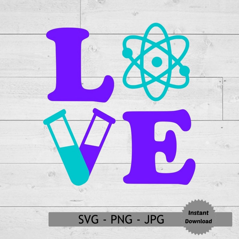 Puede incluir: Dise&ntilde;o gr&aacute;fico morado y turquesa con la palabra "LOVE" y un s&iacute;mbolo de &aacute;tomo estilizado. La "O" de LOVE se reemplaza por dos tubos de ensayo.