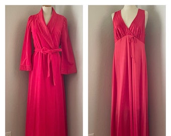 Vintage Red Peignoir Set, Long Chiffon Nightgown & Robe, Mid Century Modern Lingerie Set, Floor Length Gown Nightgown and Matching Robe