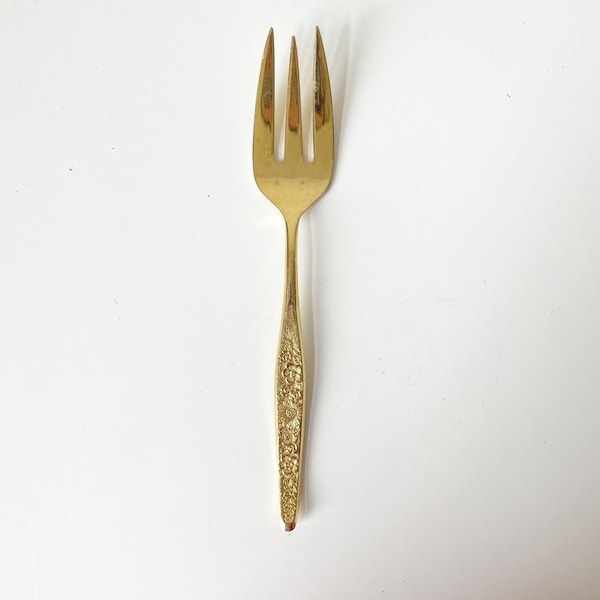 Vintage PRESENT SERVING FORK Golden Marguerite Pattern Gold Plated flatware, Mid Century Modern Silverware, Spoon Ring, 70's, Tablescape