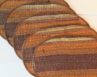 Set of 6 Woven Straw Placemats - Vintage Mid Century Brown Oval Placemat Set
