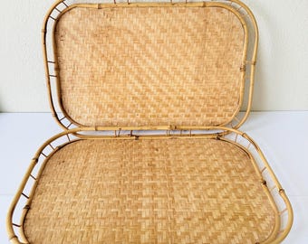 Vintage Bamboo TV Trays - Set of 2 - Woven Bamboo Serving Tray