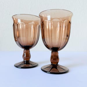 Set of 2 Noritake Provincial Brown Wine Glasses 8 oz, Vintage Drinking Glasses, Mid Century Modern Colored Glassware, Paneled Drinkware