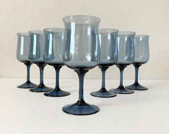 Verres à vin bleus vintage - Lot de 7 - Gobelets Lenox Blue Mist style milieu du siècle - 24 cl