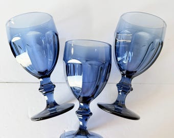 Vintage Dusky Blue Libbey Goblets - Set of 3 - Libbey Duratuff Gibraltar Dusky Blue Wine Glasses - 8 oz