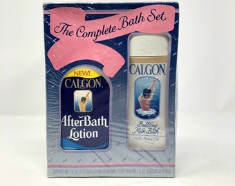 NEW Vintage Calgon Body Lotion & Bubbling Milk Bath, 80s Calgon Bath products, Calgon Complete Bath Set, 1980s Bathroom Products Movie Prop