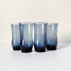 Set of 4 Libbey Navy Blue Tumblers 16 oz, Libbey APOLLO Blue Colored Glassware, Mid Century Modern Vintage Drinkware Flared Rim High Ball