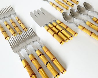 14 pcs Bamboo Handles Dessert Cutlery Solingen Cutlery Handmade Bamboo Handles Cake Set and Stainless Steel 70s