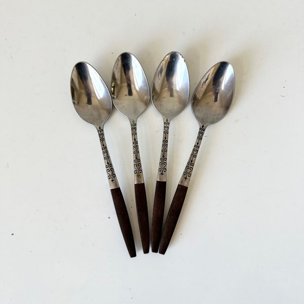 4 - Vintage Interpur INR2 TEASPOONS - Stainless Steel flatware with Canoe Style Wood like Handle - 70s Mid Century Modern Silverware Set