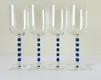 Set of 4 Vintage Mikasa Viewpoint Clear Wine Glasses 14oz - Cobalt Blue Stemware - Square Bottoms Glasses