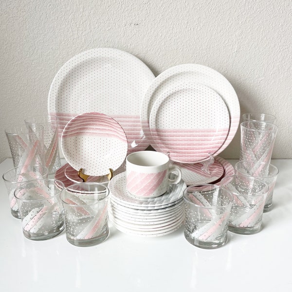 Sold Ind - VTG Pink Striped Dishes with Polka Dots - Churchill Pink Shades Dinnerware - 80s Stoneware Dish Set - Vintage Drinking Glasses