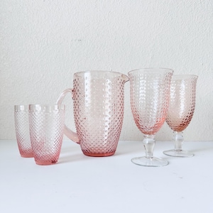 5 Piece Large Pink Iced Tea Glasses Set, Pink Pitcher Goblets and Tumblers, Vintage Hobnail Iced Tea Glasses, Tall Stemware, Bubble Texture