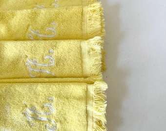 Vintage Yellow Hand Towels with Fringe - Set of 4 - Monogram H - Mid Century Modern Bathroom Towel