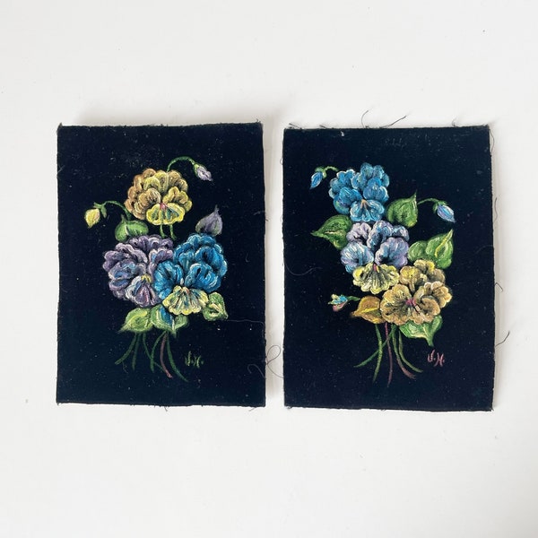 Set of 2 Eclectic Floral UnFramed Wall Art Hand Painted on Black Velvet, 40s Kitschy Vintage Interior Decor Signed Not Framed Painting 7x8