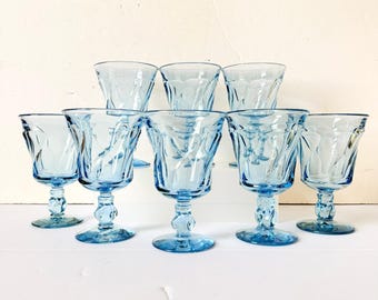 Mid Century Blue Swirl Wine Glasses - Set of 8 - FOSTORIA Jamestown BLUE 8 oz Goblet