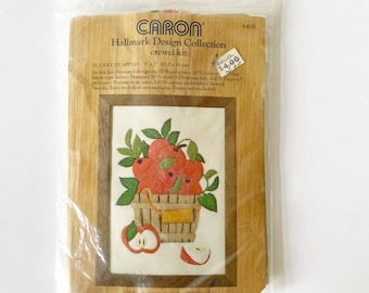 NEW Mid Century Crewel Embroidery Kit Apples in a Basket Pattern, Vintage Hallmark Design Kit, 70s Farmhouse Cottagecore Adult Crafts, 5x7