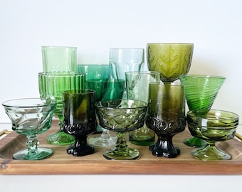 CHOOSE Your Glass Vintage Green Colored Glassware Goblets Glasses for Wedding & Showers Champagne Coupe Wine Glass Water Flutes Mixed Color