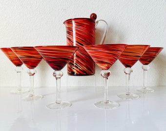Pier 1 Murano Style Martini Glasses and Pitcher Matching Set of 7 - Vintage Red Orange Handblown Cocktail Glasses - 90s Drinkware
