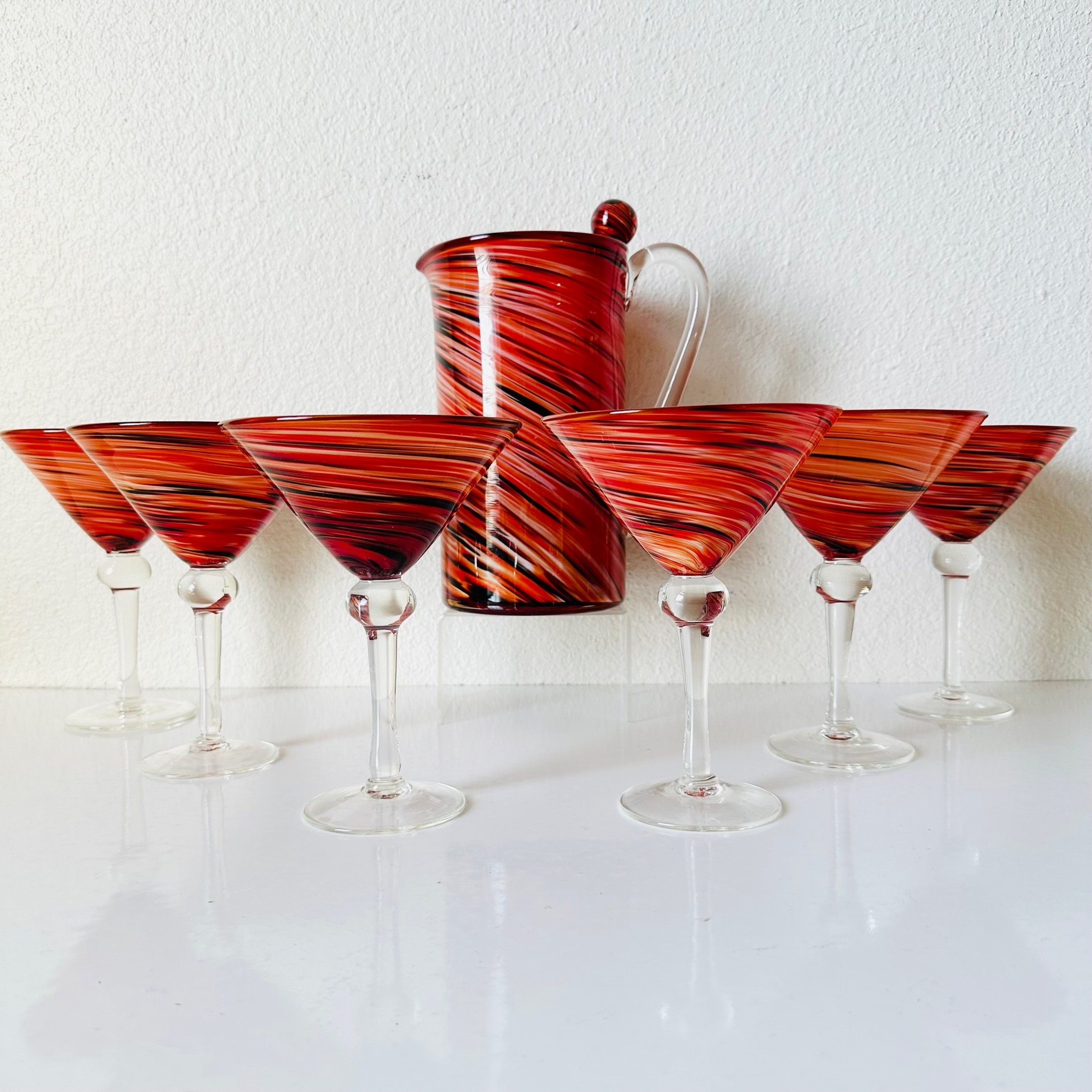 Pier 1 Murano Style Martini Glasses and Pitcher Matching Set of 7 Vintage  Red Orange Handblown Cocktail Glasses 90s Drinkware 