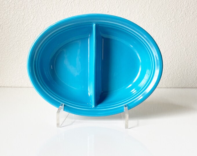 Fiestaware DIVIDED VEGETABLE Bowl Peacock Blue, Vintage Fiesta Ware Blue Oval Serving Bowl