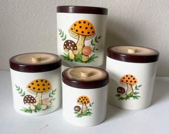 Vintage 1970's Sears Merry Mushroom Melamine Nesting Canisters Set of 4 - Mid Century Modern Mushroom Plastic Kitchen Canister Set