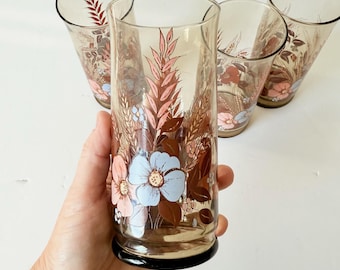 Mid Century Libbey Floral Wheat Brown Glasses - Set of 4 - Vintage Colorful Drinkware