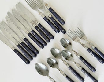 Vintage Washington Forge Mardi Gras Flatware Set - 18 Pieces - Navy Blue Stainless Steel Cutlery