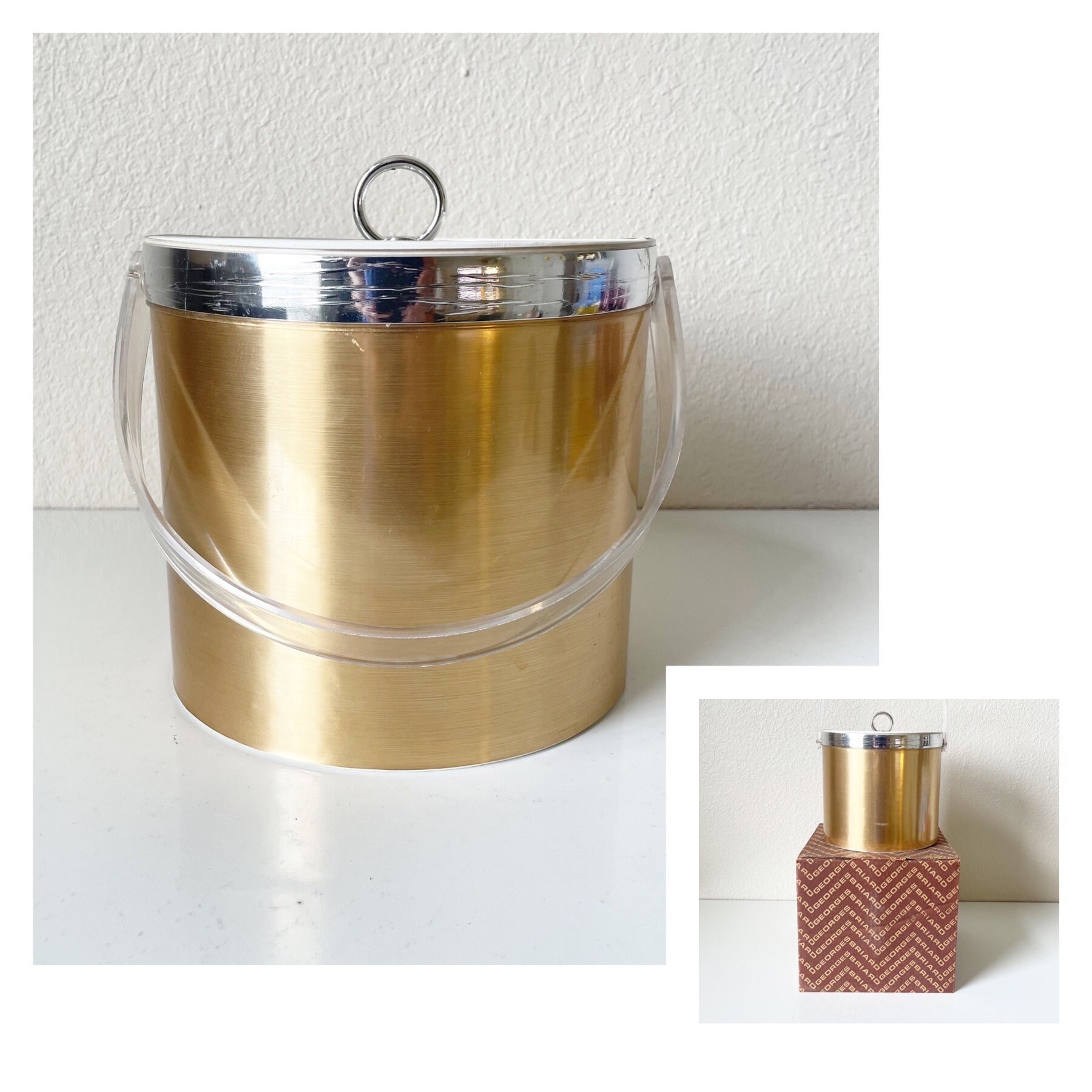MCM Gold Ice Bucket W Box 70s Vintage Georges Briard Lucite Ice
