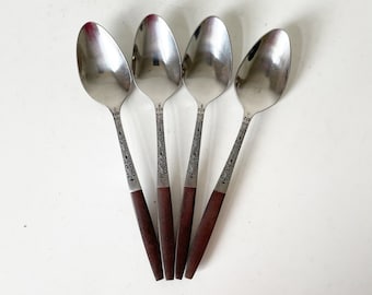 Interpur INR2 TEASPOONS Set of 4 - Brown Handle - Vintage Stainless Steel flatware with Canoe Style Wood like Handle