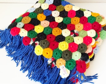 Handmade Yo-Yo Puff Crochet Throw Blanket Colorful Boho Decor 55 x 36.5 - Mid Century Modern Afghan Blanket