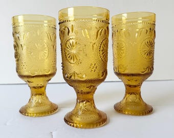 Mid Century Modern Amber Wine Glasses - Set of 3 - Vintage Amber Glass Brockway Tiara Concord Brooking Daisy Goblets