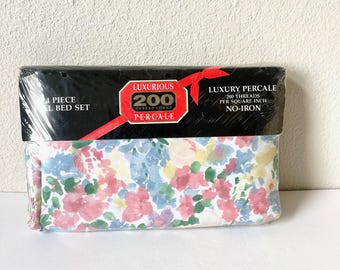 1990s Vintage Full Size Floral 4-Piece Sheet Set - New and Sealed - Cottagecore Blue and Pink Full Size Sheet Set