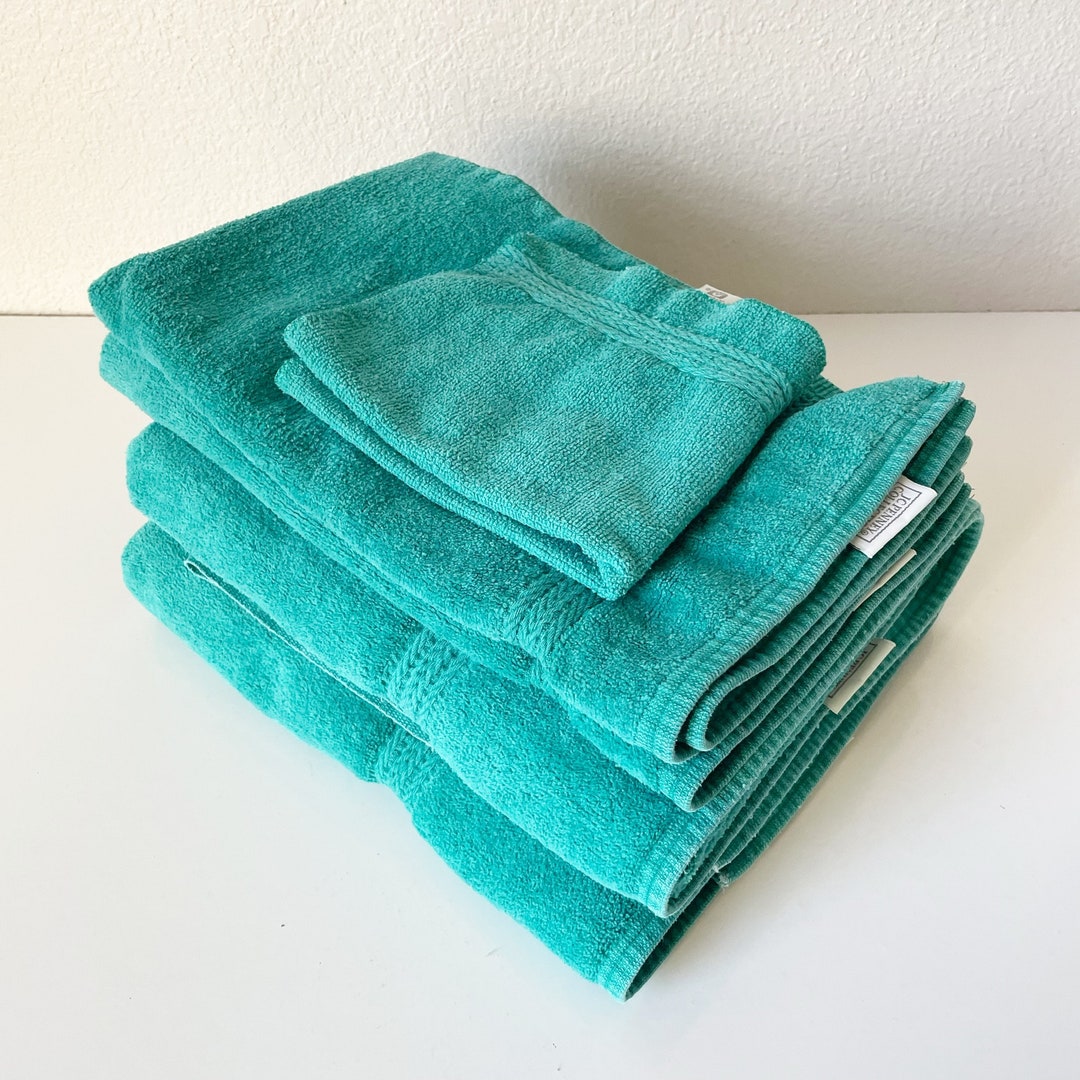 5 Vintage Teal Green Terry Cloth Bath Towel Set, Retro Jcpenney's Bath