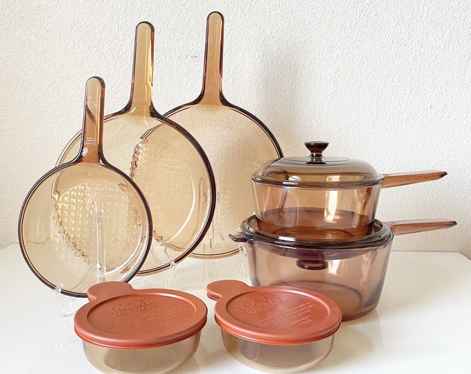 Set of 13 Corning Visions Cookware Set, Amber Brown Glass Bakeware Set With Lids, Vintage Pyrex