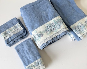 Vintage Blue Bathroom Towel Set of 9 - Floral Lace Trim - Cottagecore Bathroom Decor