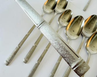 Set of 22 Noritake ORIENTAL MELODY Bamboo Handle Vintage Silverware - Mid Century Stainless Steel flatware
