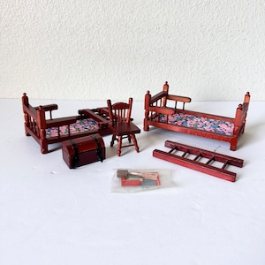 NEW Doll House Wooden Kids Bedroom Furniture Set, Vintage Wooden Childrens Dollhouse Bunk Bed Set, Wood Ladder Trunk Toy Chest
