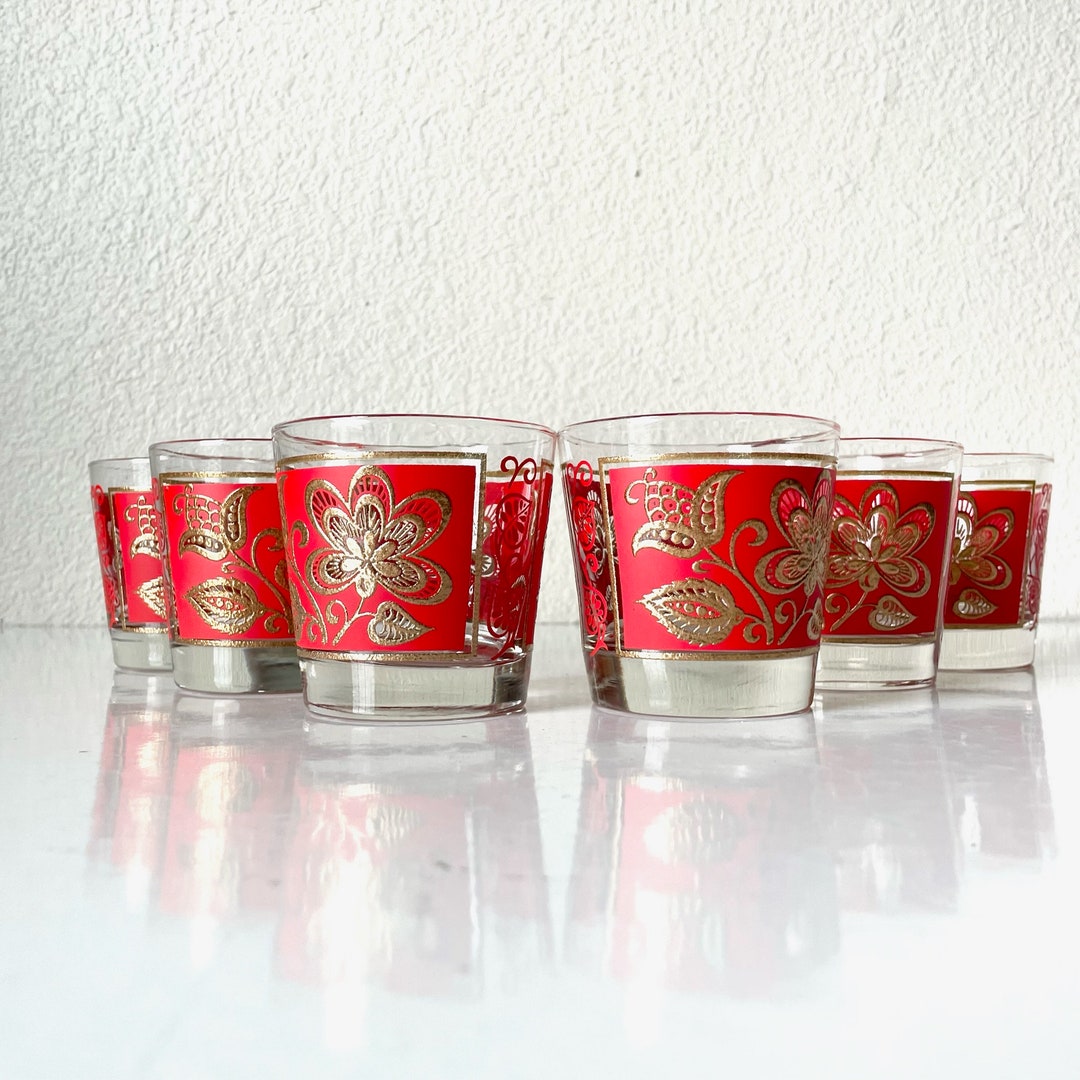 Set of 6 MCM Vintage Tall Drinking Glasses Red and Gold Scroll and Fleur De  Lis Pattern 