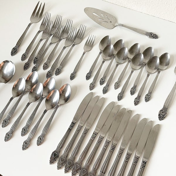 Sold Ind - MCM Stainless Steel Flatware - Mid Century Modern CORONET by Present Silverware - 70s Vintage Flatware Japan Serving Pieces