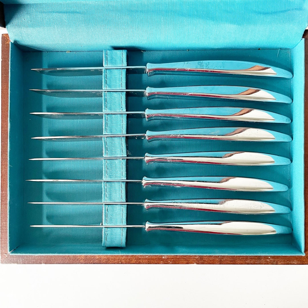 Vintage Saladmaster 400 Steak Knives in Wooden Box Set of 8, Stainless Steel Salad Master Knives