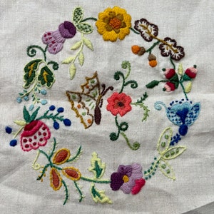 Finished Floral Embroidery Square 12x12, Finished Mid Century Modern Embroidered Pillow Cover or Wall Hanging, Floral Whimsical Needlecraft