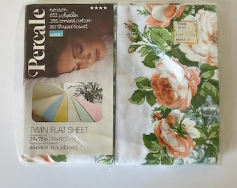 NEW Vintage Floral Percale Twin Flat Sheet - Montgomery Ward Peach Roses Sheet with Flowers